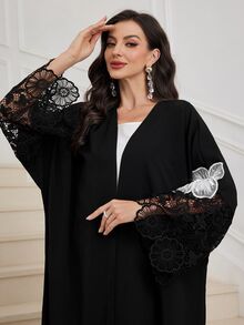 Al Najma Bata Abaya de estilo árabe de ajuste holgado para mujer con puños de encaje, patchwork y decoración de bordado - Negro - Ver 6