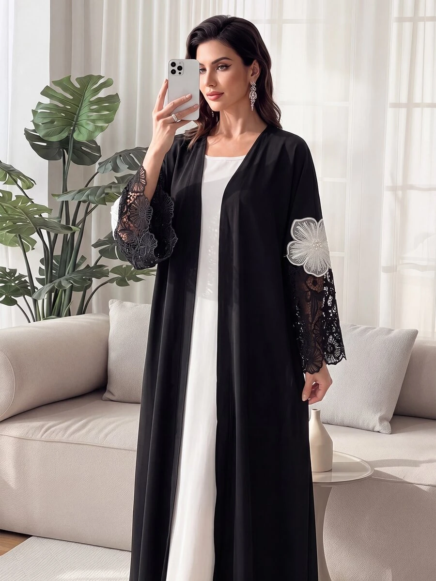 Al Najma Bata Abaya de estilo árabe de ajuste holgado para mujer con puños de encaje, patchwork y decoración de bordado