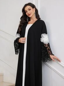 Al Najma Bata Abaya de estilo árabe de ajuste holgado para mujer con puños de encaje, patchwork y decoración de bordado - Negro - Ver 8