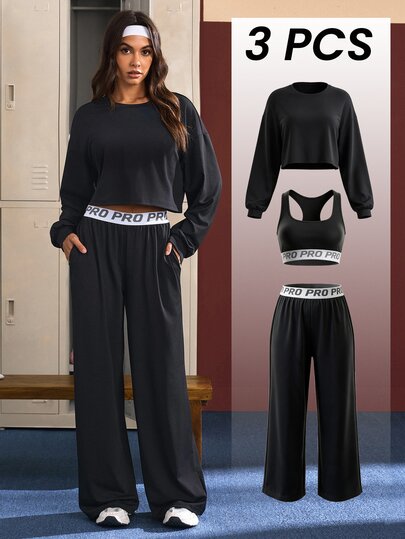 Eassivo 3pcs Set Short Cropped Waist Tank Top Loose Drop Shoulder Sleeves High Waist Draped Casual Sports
