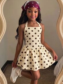 SHEIN Young Girl Sweet Fashion Polka Dot Print Halter Neck Dress - Yellow - View 1