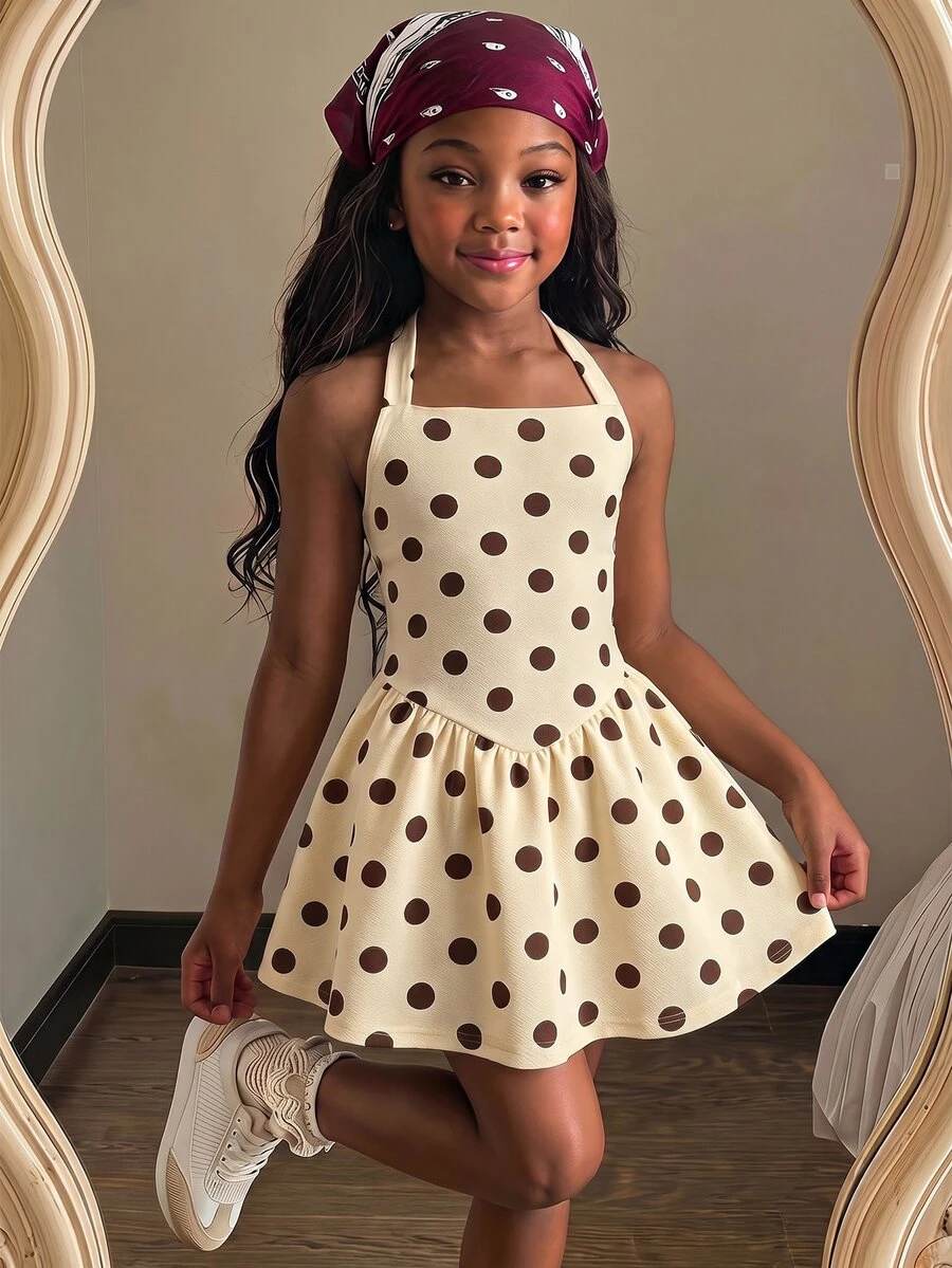 SHEIN Young Girl Sweet Fashion Polka Dot Print Halter Neck Dress - Yellow - View 1