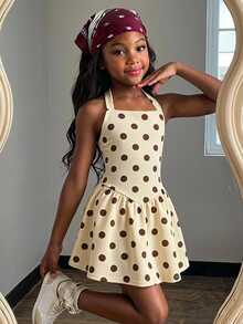 SHEIN Young Girl Sweet Fashion Polka Dot Print Halter Neck Dress - Yellow - View 2
