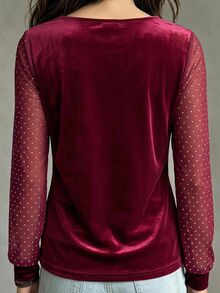 SHEIN LUNE Fashionable Women's Burgundy Velvet Loose Top - Burgundy - View 4