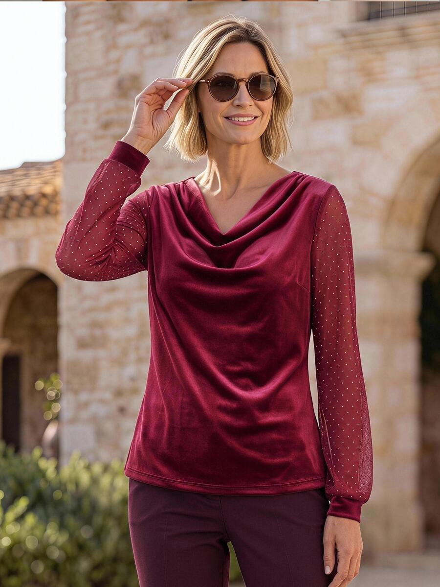 SHEIN LUNE Fashionable Women's Burgundy Velvet Loose Top - Burgundy - View 1