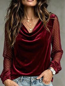 SHEIN LUNE Fashionable Women's Burgundy Velvet Loose Top - Burgundy - View 2