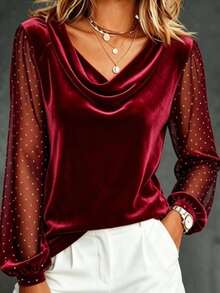 SHEIN LUNE Fashionable Women's Burgundy Velvet Loose Top - Burgundy - View 3