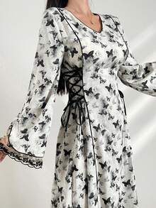 Al Najma Women's V-Neck Butterfly Printed Arabesque Long Flared Sleeve Modest Dress - Black and White - View 5