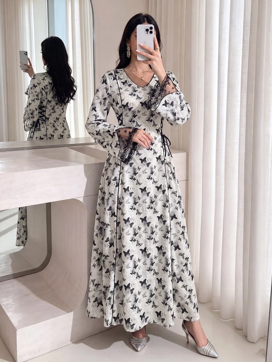 Al Najma Women's V-Neck Butterfly Printed Arabesque Long Flared Sleeve Modest Dress