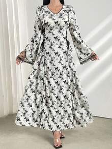 Al Najma Women's V-Neck Butterfly Printed Arabesque Long Flared Sleeve Modest Dress - Black and White - View 7