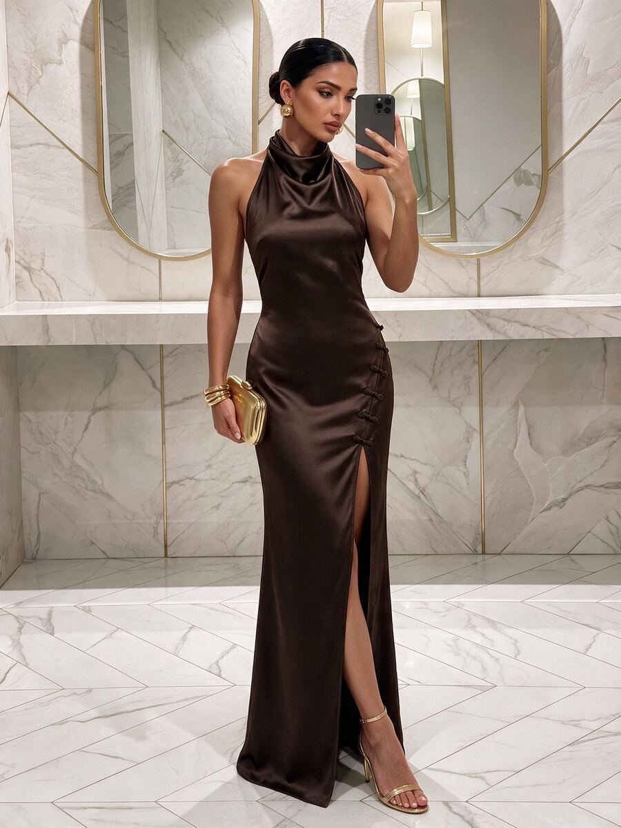 Silquee Women's Brown Satin Dress With Cheongsam-Style Buttons And A Side Slit. Party Wedding Birthday Graduation Club