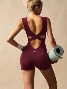 VARSIVA Women's Burgundy Cross-Back Open-Back Sports Romper, T-Neck Sleeveless, Slim Fit, Suitable For Yoga And Fitness. - Burgundy - View 9