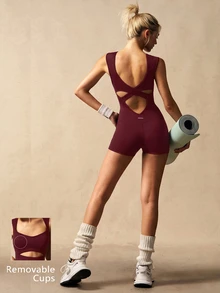 VARSIVA Women's Burgundy Cross-Back Open-Back Sports Romper, T-Neck Sleeveless, Slim Fit, Suitable For Yoga And Fitness. - Burgundy - View 5