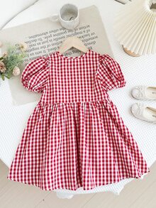 SHEIN LMoss Kids 年轻女孩编织格子圆领泡泡袖修身连衣裙 - 紅白色 - 查看 6