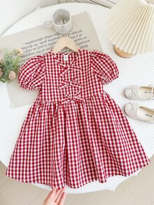 SHEIN LMoss Kids 年轻女孩编织格子圆领泡泡袖修身连衣裙 - 紅白色 - 查看 5