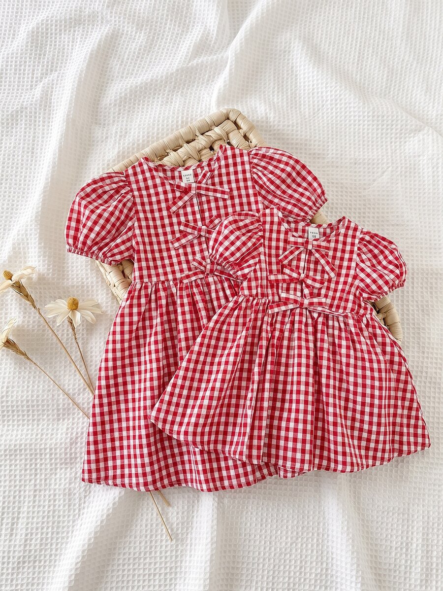 SHEIN LMoss Kids 年轻女孩编织格子圆领泡泡袖修身连衣裙 - 紅白色 - 查看 1