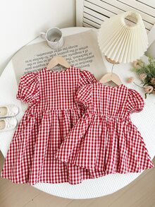 SHEIN LMoss Kids 年轻女孩编织格子圆领泡泡袖修身连衣裙 - 紅白色 - 查看 3