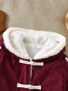 SHEIN 女童加厚抓絨內裡酒紅色連帽外套，設計鈕扣，麂皮絨內裡，附口袋，白色編織飾帶，聖誕款，秋冬紅色上衣 - 酒紅色 - 查看 8