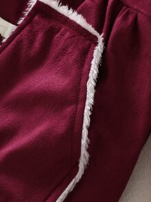 SHEIN 女童加厚抓絨內裡酒紅色連帽外套，設計鈕扣，麂皮絨內裡，附口袋，白色編織飾帶，聖誕款，秋冬紅色上衣 - 酒紅色 - 查看 9