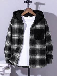 SHEIN 大童男孩秋季新款連帽格紋襯衫外套，兒童時尚復古黑棕格紋長袖開襟上衣，寬鬆版型連帽口袋設計，春秋休閒百搭外套 - 黑與白 - 查看 1