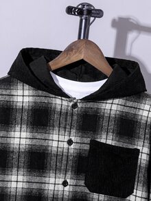 SHEIN 大童男孩秋季新款連帽格紋襯衫外套，兒童時尚復古黑棕格紋長袖開襟上衣，寬鬆版型連帽口袋設計，春秋休閒百搭外套 - 黑與白 - 查看 3