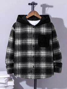SHEIN 大童男孩秋季新款連帽格紋襯衫外套，兒童時尚復古黑棕格紋長袖開襟上衣，寬鬆版型連帽口袋設計，春秋休閒百搭外套 - 黑與白 - 查看 6
