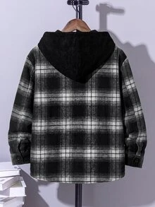 SHEIN 大童男孩秋季新款連帽格紋襯衫外套，兒童時尚復古黑棕格紋長袖開襟上衣，寬鬆版型連帽口袋設計，春秋休閒百搭外套 - 黑與白 - 查看 2