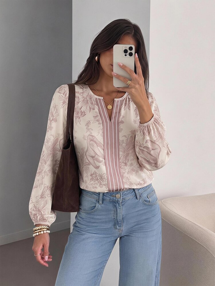 Easowa Casual French Relaxed Elegant Commute Brunch Old Money Style Puff Sleeve Long Sleeve Blouse Vintage Floral Print Fall Women's Shirt Office Beige - Multicolor - View 1