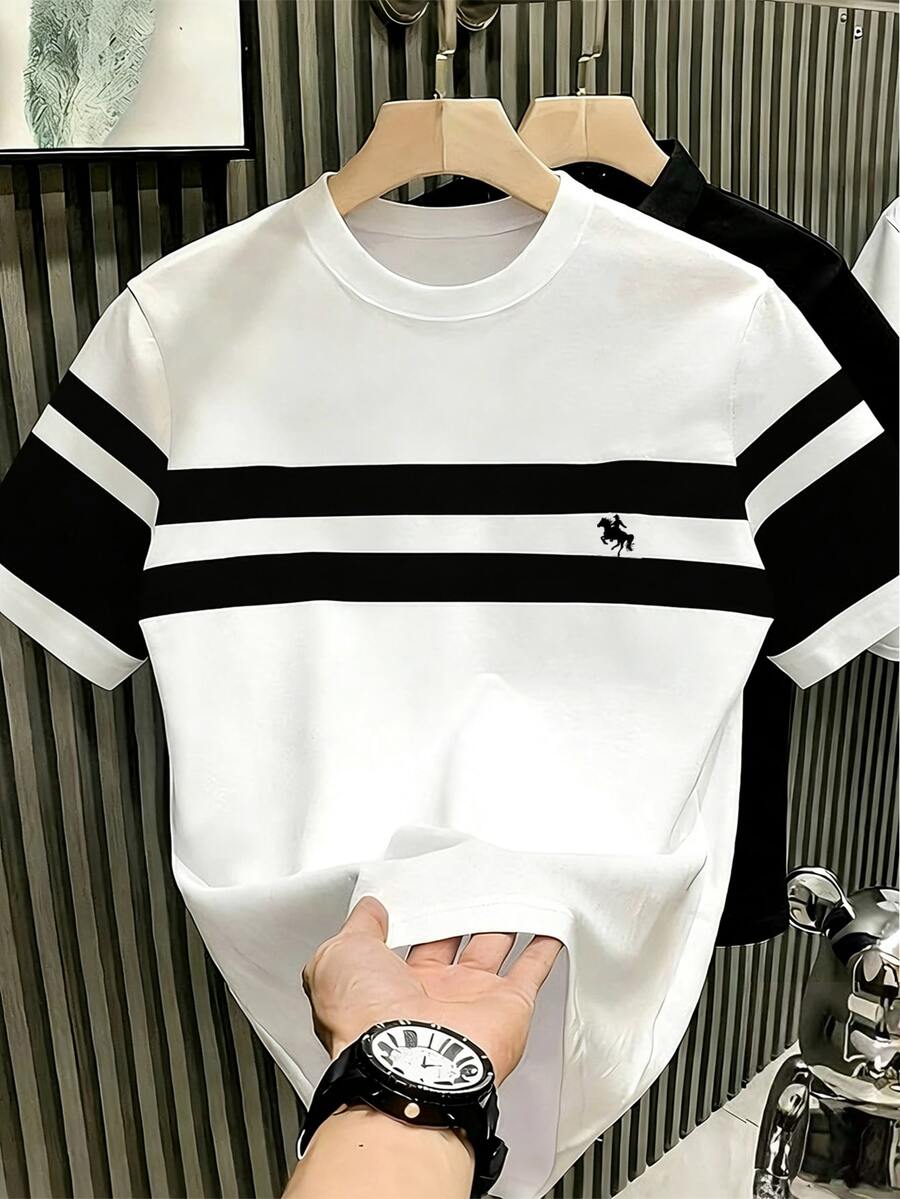 Manfinity Hypemode Men's Casual Classic Black And White Striped T-Shirt, Minimalist Design - Multicolor - View 1