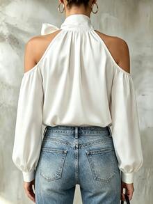 Trelyra French Style Satin Bow Cold Shoulder Tie Blouse - White - View 2