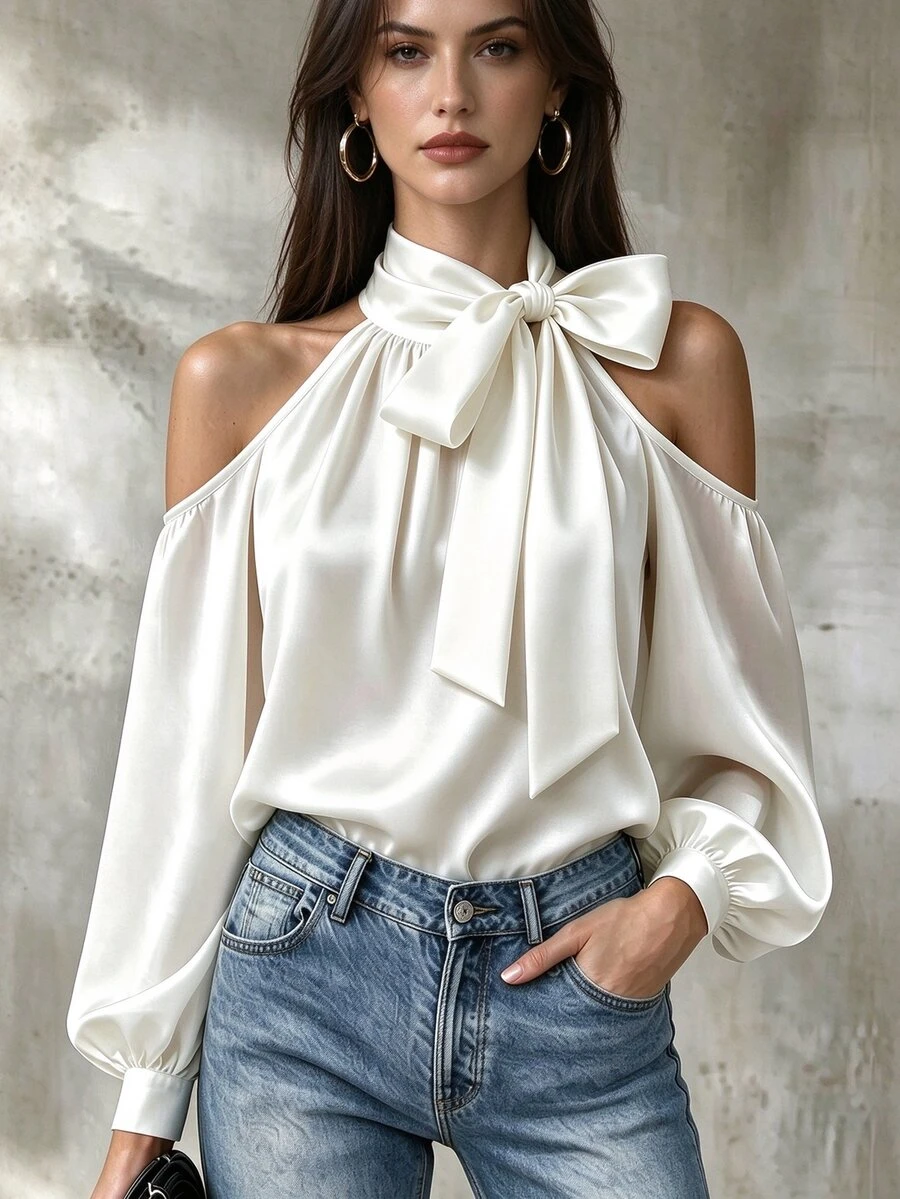 Trelyra French Style Satin Bow Cold Shoulder Tie Blouse - White - View 1