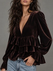 LUMIGAL Vintage Relaxed Multi-Layer Ruffle Hem Patchwork V-Neck Long Sleeve T-Shirt - Brown - View 5