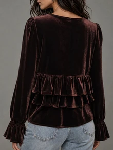 LUMIGAL Vintage Relaxed Multi-Layer Ruffle Hem Patchwork V-Neck Long Sleeve T-Shirt - Brown - View 2
