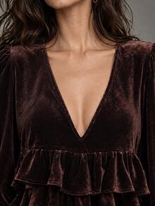 LUMIGAL Vintage Relaxed Multi-Layer Ruffle Hem Patchwork V-Neck Long Sleeve T-Shirt - Brown - View 4