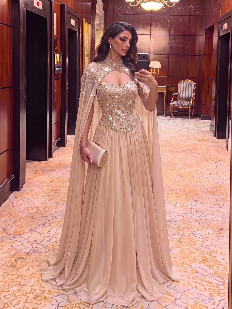 Glamrae Elegant And Glamorous Champagne-Colored Luxury Cape Featuring Beads And Sequins, With A Dramatic Fringed, Full-Sweep Skirt-Perfect For Weddings - Apricot - View 1