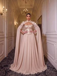 Glamrae Elegant And Glamorous Champagne-Colored Luxury Cape Featuring Beads And Sequins, With A Dramatic Fringed, Full-Sweep Skirt-Perfect For Weddings - Apricot - View 3