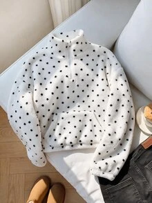 SHEIN 青少年女孩針織蝴蝶結毛絨立領半拉鍊拼接寬鬆休閒長袖秋冬衛衣 - 彩色 - 查看 3
