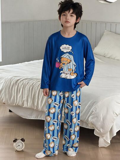 GARFIELD | SHEIN Tween Boy Fashionable Cute Cartoon Print Long Sleeve Long Pants Loungewear Set