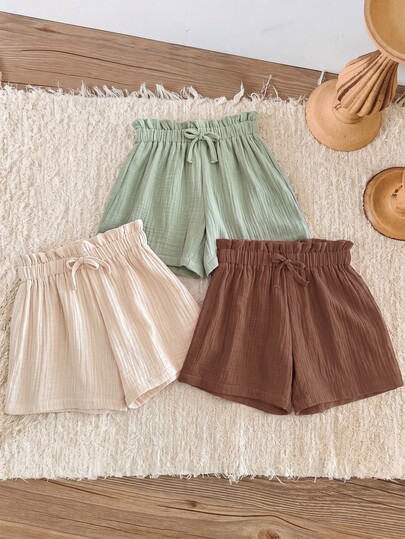 SHEIN LMoss Kids LMoss Young Girl's 3pcs Summer Set,Sage Green Soft Dual-Layered Gauze Ruffle Shorts,Elastic Waist Solid Color,Elegant Breezy Holiday Casual Outfit