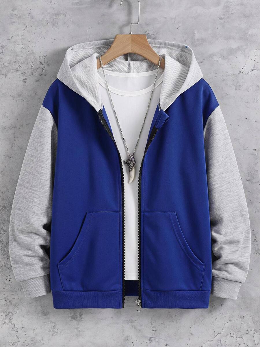 SHEIN Tween Boy Color-Block Zip-Up Hooded Knit T-Shirt Jacket, Casual Sporty Versatile, For Fall Winter School Sports Daily Commute Holiday Gift - Blue - View 1