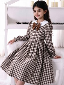 SHEIN 女童棕色與白色翻領燈芯絨洋裝，優雅復古風，適合派對、學校、學院風秋季穿搭 - 彩色 - 查看 1