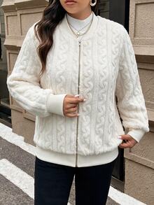 SHEIN LUNE Plus Size Women's Best-Selling Elegant Baseball Textured Fleece Jacket, Slimming Minimalist Cut With Metal Zipper Decor, Suitable For Daily Wear, Commuting, Dating And Gatherings - Apricot - View 4