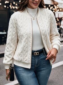 SHEIN LUNE Plus Size Women's Best-Selling Elegant Baseball Textured Fleece Jacket, Slimming Minimalist Cut With Metal Zipper Decor, Suitable For Daily Wear, Commuting, Dating And Gatherings - Apricot - View 1