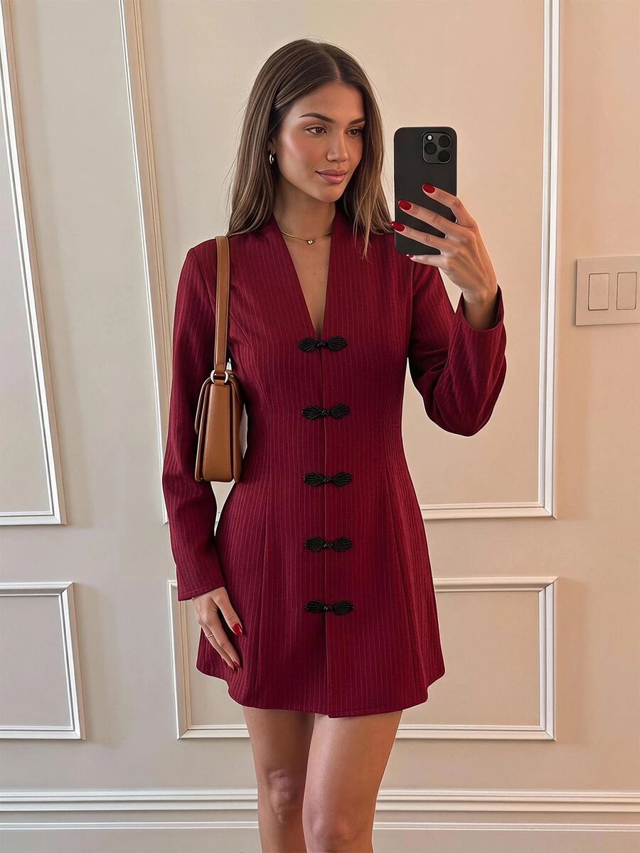 Easowa Casual Retro Elegant Date Dinner Night Fall/ Mini Dress Contrast Color Button Detail, Cinched Waist, A-Line, Long Sleeve Christmas Burgundy - Multicolor - View 1