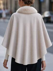 SHEIN Women's Autumn/Winter Elegant Casual Cape-Style Exquisite Heavy-Duty Overcoat With Fur Collar Decoration - Khaki - View 2