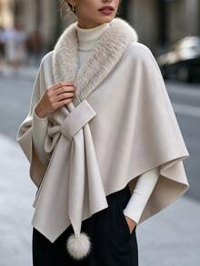 SHEIN Women's Autumn/Winter Elegant Casual Cape-Style Exquisite Heavy-Duty Overcoat With Fur Collar Decoration - Khaki - View 5