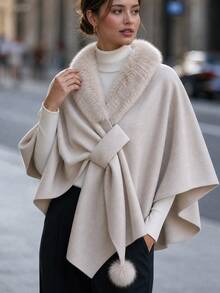 SHEIN Women's Autumn/Winter Elegant Casual Cape-Style Exquisite Heavy-Duty Overcoat With Fur Collar Decoration - Khaki - View 4