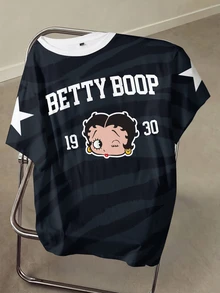 Betty Boop x SHEIN Plus Size Women's Letter & Star Print Round Neck Short Sleeve Casual T-Shirt - White - View 3