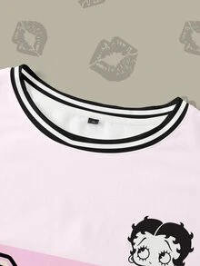 Betty Boop x SHEIN Plus Size Women Leopard Print Letter Graphic Crew Neck Short Sleeve Casual T-Shirt - White - View 6