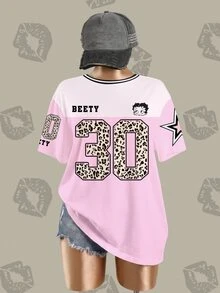 Betty Boop x SHEIN Plus Size Women Leopard Print Letter Graphic Crew Neck Short Sleeve Casual T-Shirt - White - View 4